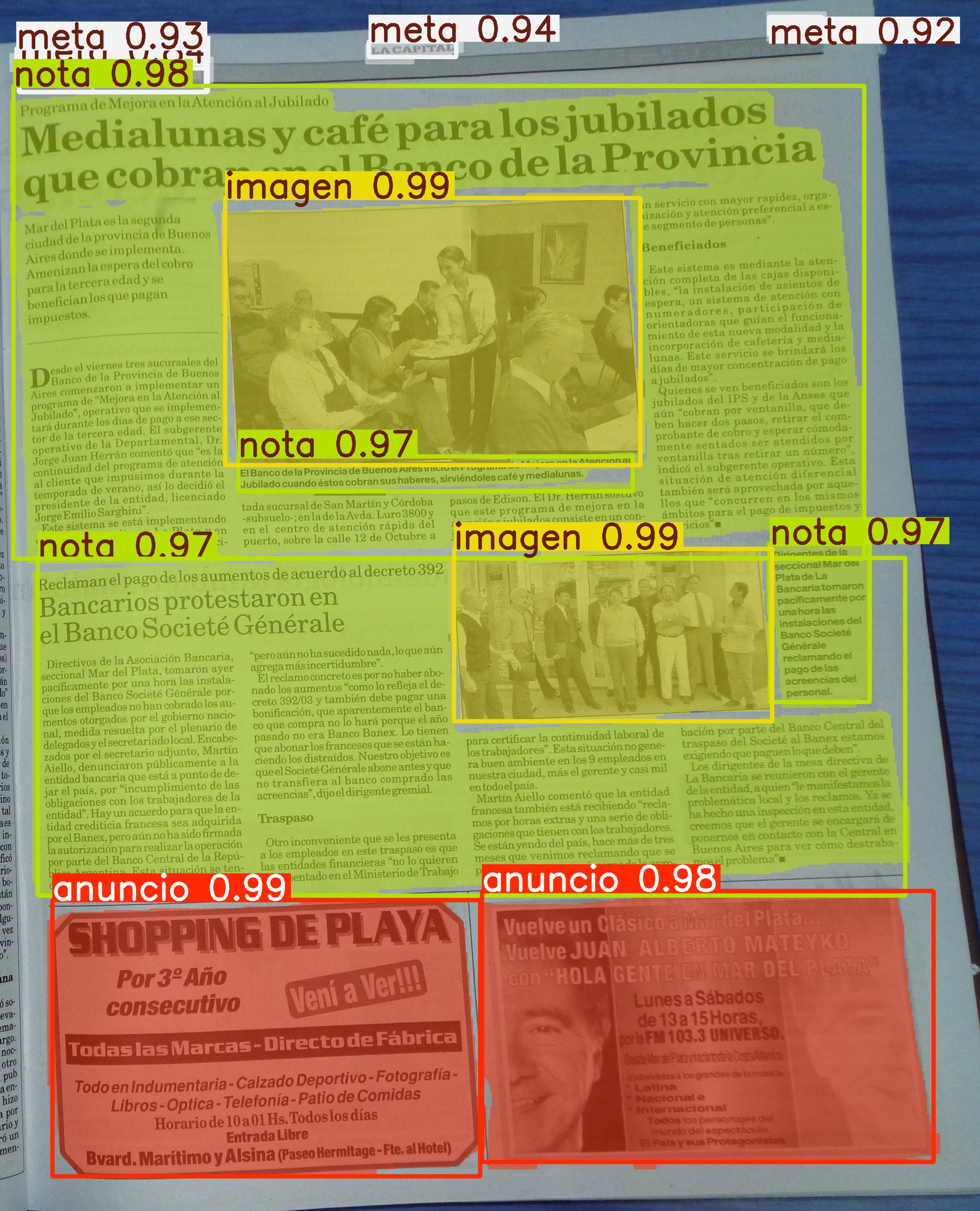 Overlay de segmentaci&oacute;n sobre una p&aacute;gina de prensa, donde cada regi&oacute;n queda marcada con su clase
